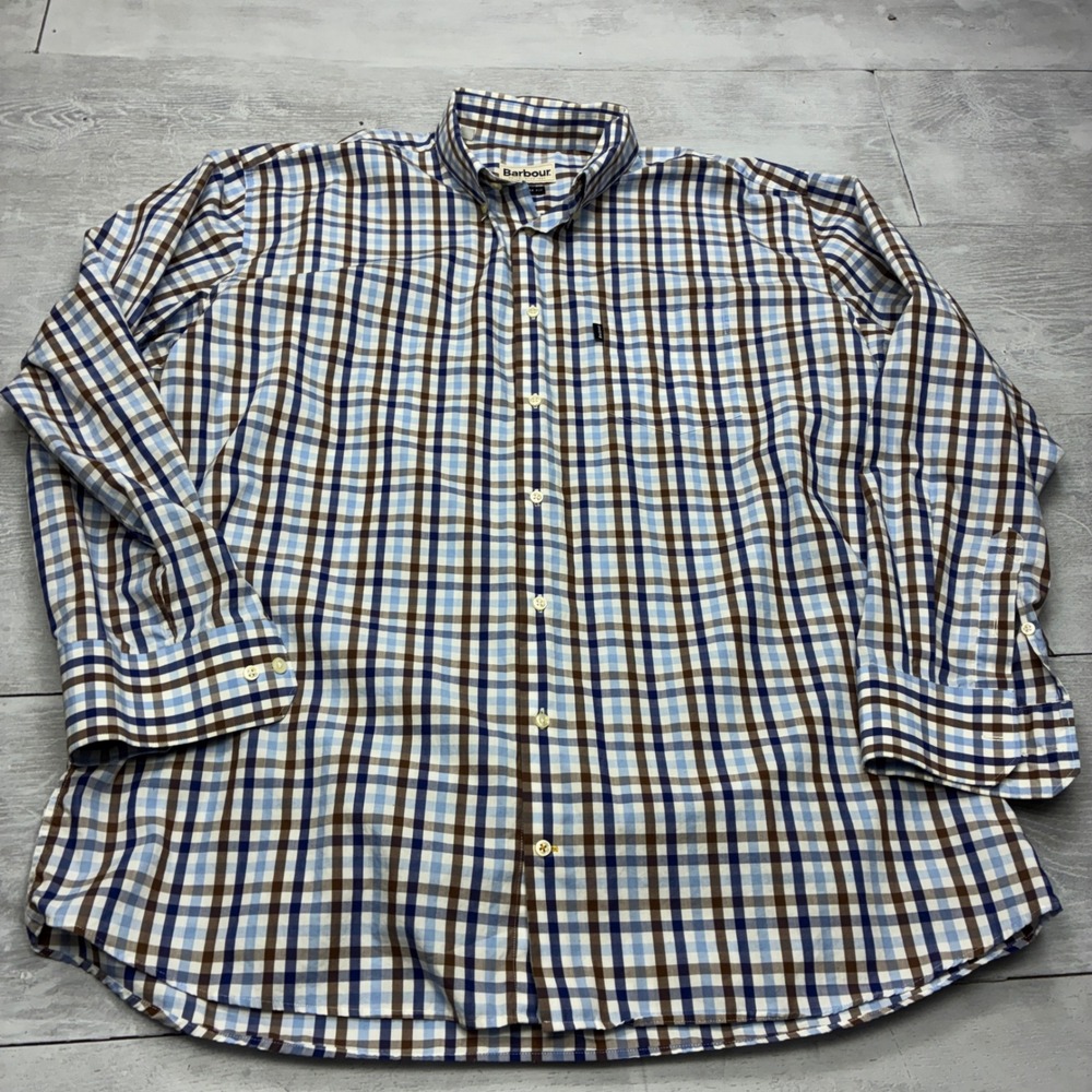 Barbour Flagstaff Rustic Shirt Mens XL Blue Brown Check Regular Fit Button Down